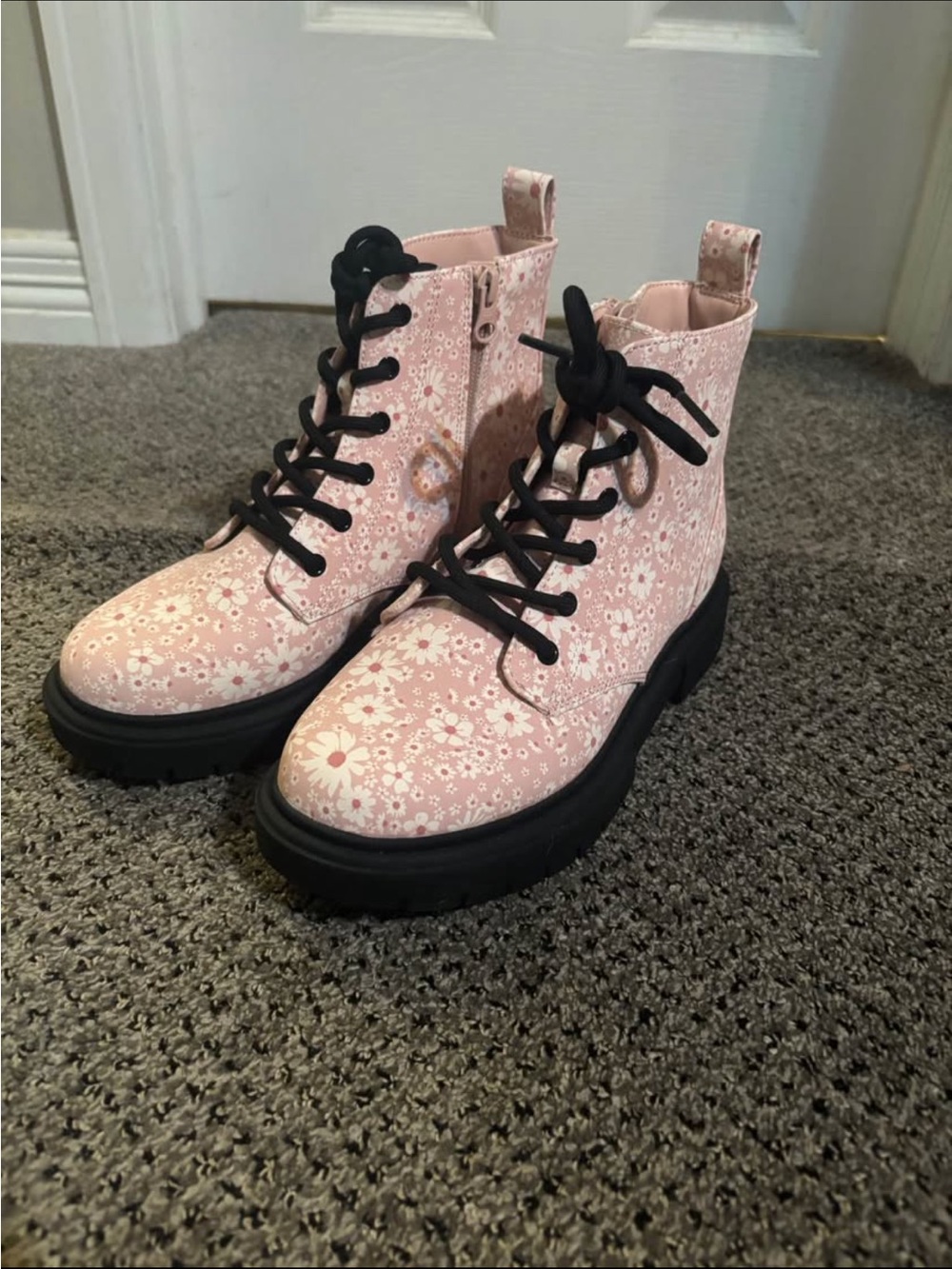 Floral Pink Lace-Up Combat Boots for Women